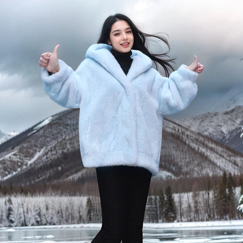 Faux Mink Fur Coat Women Thick Coat Autumn Winter New Casual Hooded V-neck Lady Clothes Fur Jacket elegant Short Coat