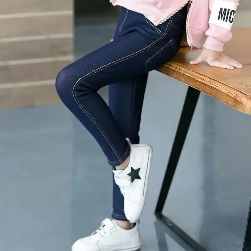 Girls Winter Cowboy Denim Long Pants Kids Thicken Warm Bootcuts Skinny Thick Leggings With Fleece Elastic Waist Trousers bottoms girls