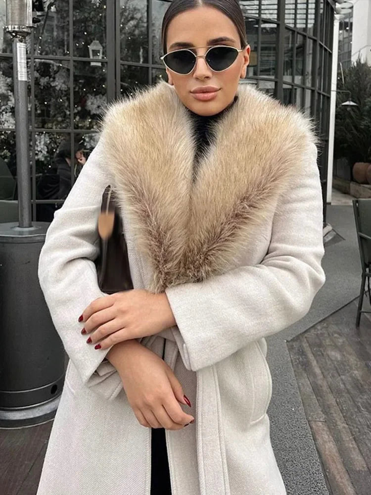 Fur Collar Long Woolen Coat Belt Lace Up Waist Cinching Pocket Plush Wool Overcoat Fashion Outwear Top Winter Women's Clothing coat