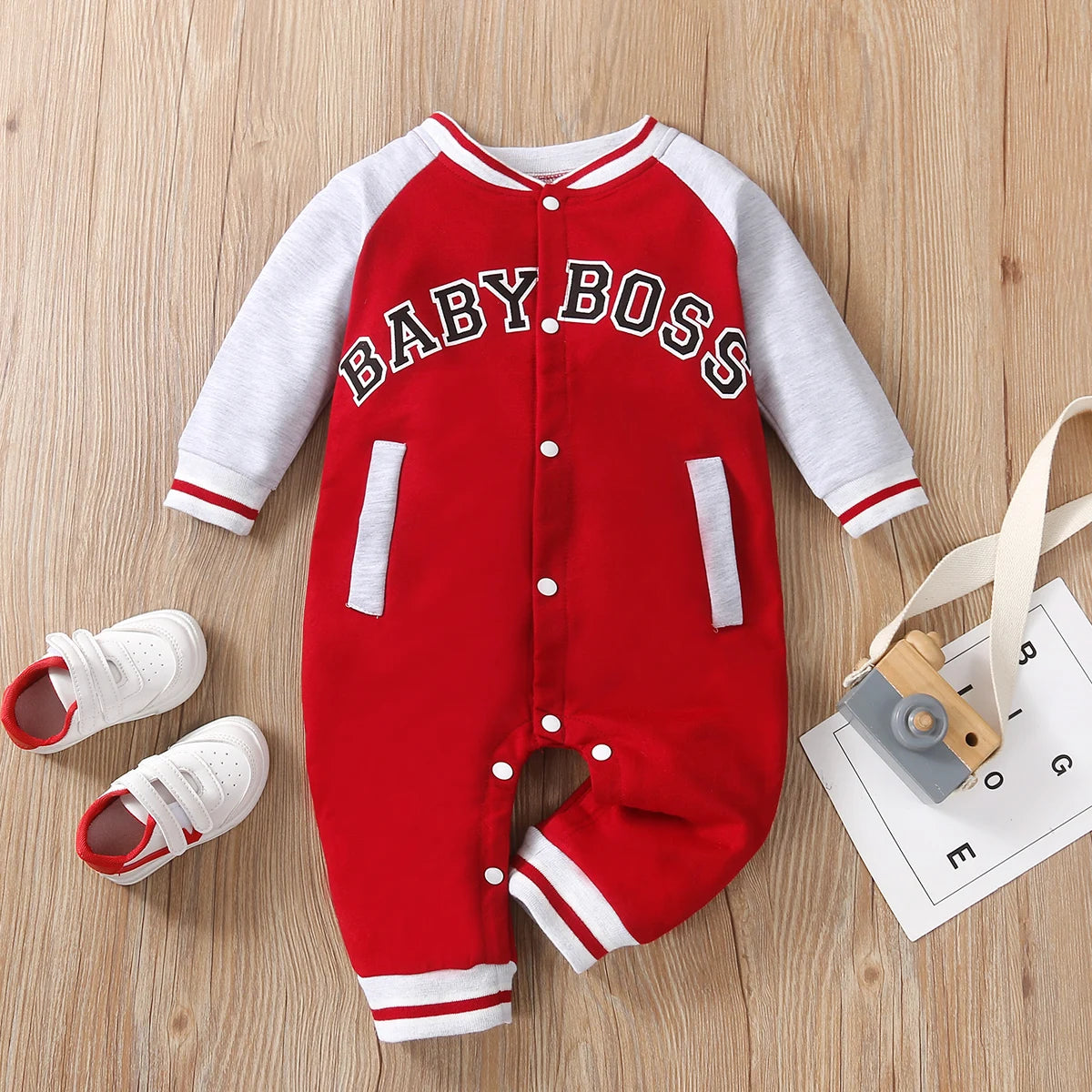 Fashionable letter printed long sleeved round neck cute and personalized baby boy jumpsuit infants boys