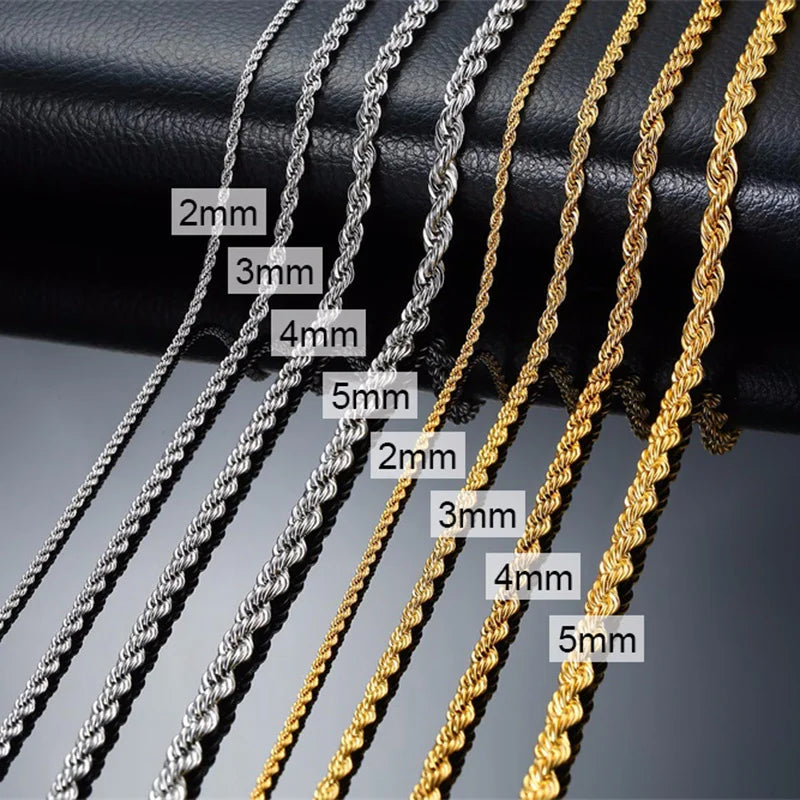 Men Ropes Long Necklace Stainless Steel Minimalist Twist Rope Chain Necklace Available in Gold Color Silver Color 2 TO 5mm  necklace