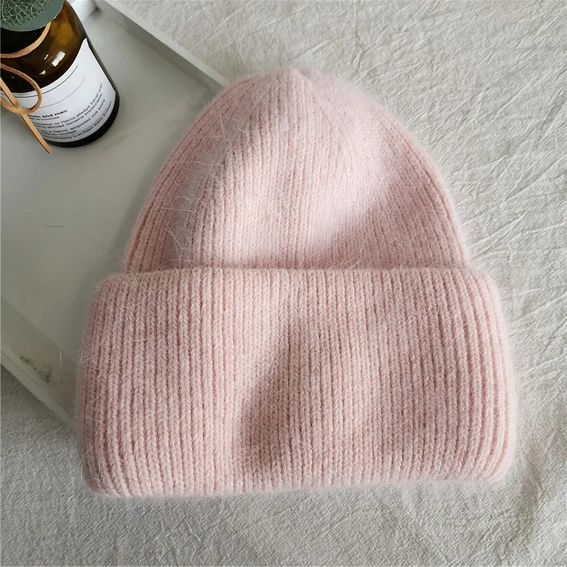 Fashion Warm Cashmere Wool Skullies Angola Rabbit Fur Winter Knitted Beanies Women Cap Female Three Fold Ski Outdoor  caps