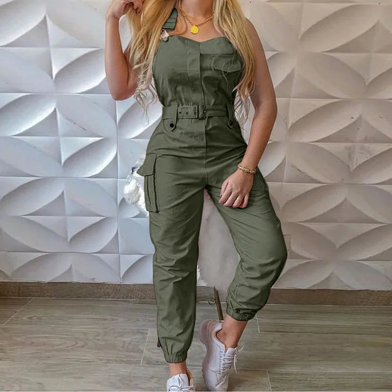 Solid Jumpsuit For Women Spring Summer New Sleeveless Shoulder Strap Pocket Slim Fashion Elegant Casual Commute Female Jumpsuit