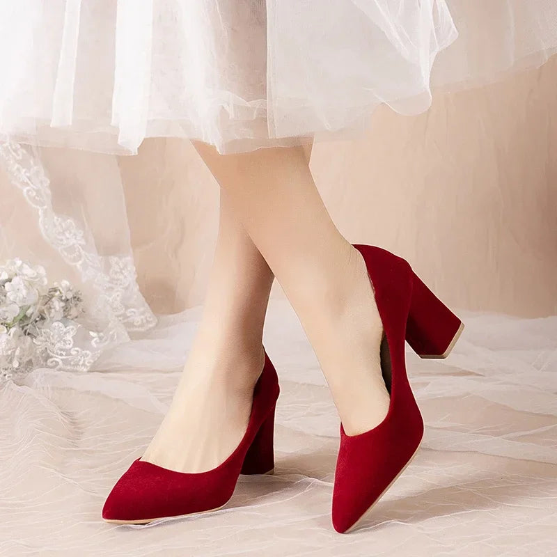 Red Wedding Shoes for Women  Spring/Summer/Autumn New Pointed Thick Heels Not Tiring Feet heel shoes