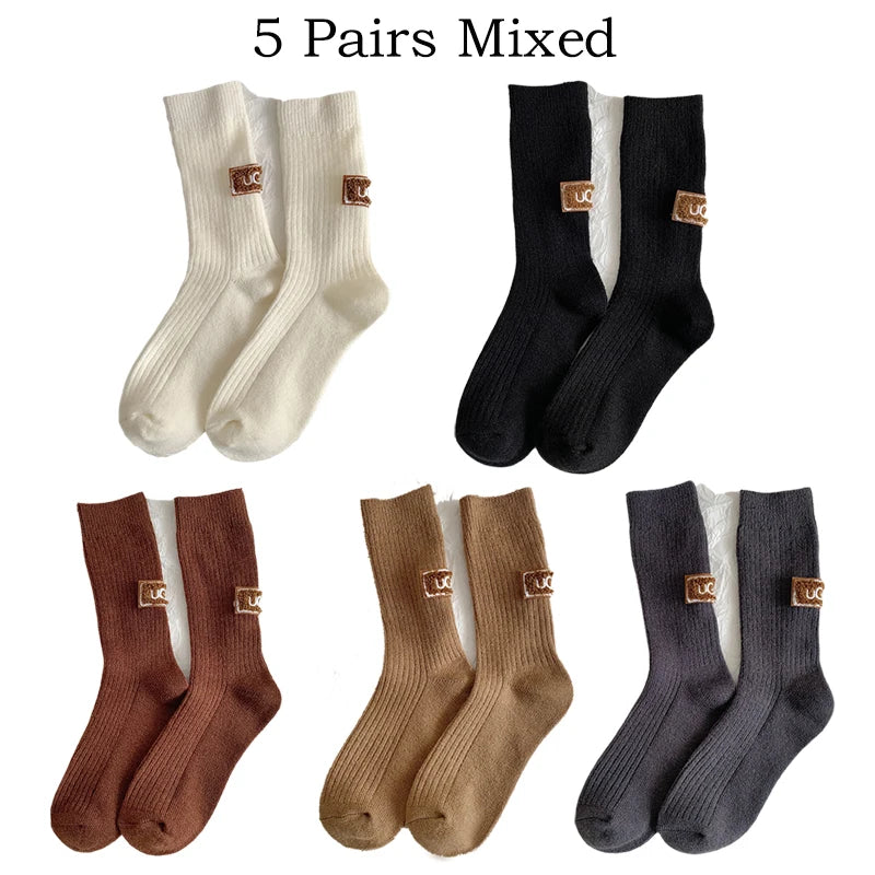 5 Pairs Winter Socks Women Cashmere Wool Socks Solid Warm Thickened Pile Embroidered Logo Mid-Calf Socks Casual Snow Boot Socks