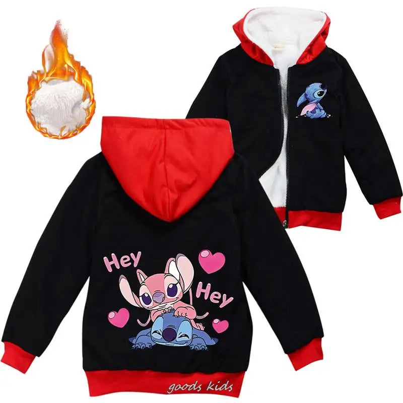 Lilo And Stitch Kids Jackets Boys Winter Thick Coats Warm Fur Outerwear For Youth Girls Hooded Jacket Children's Clothes 2-16Y  girls jackets and coats