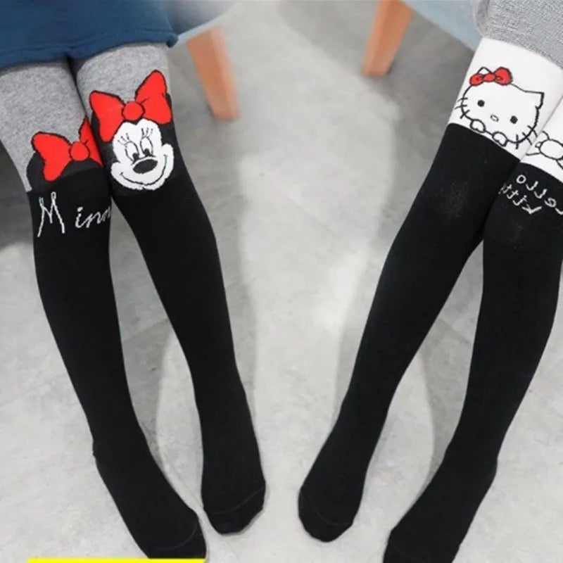 Children Tights for Girls Cotton Knitted Kids Girls Pantyhose Cute Minnie Print Soft Baby Leggings White Black Tight bottoms girls