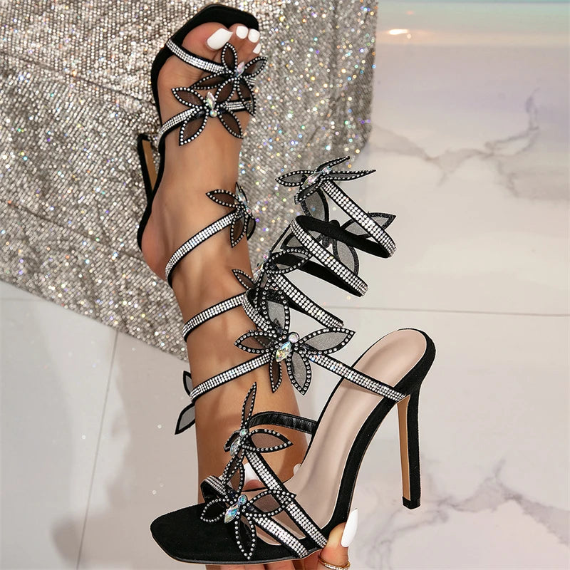 Elegant Design Crystal Butterfly-knot Ankle Strap Woman Sandals Sexy Open Toe Thin High Heels Stripper Party Pumps Shoes party sandal