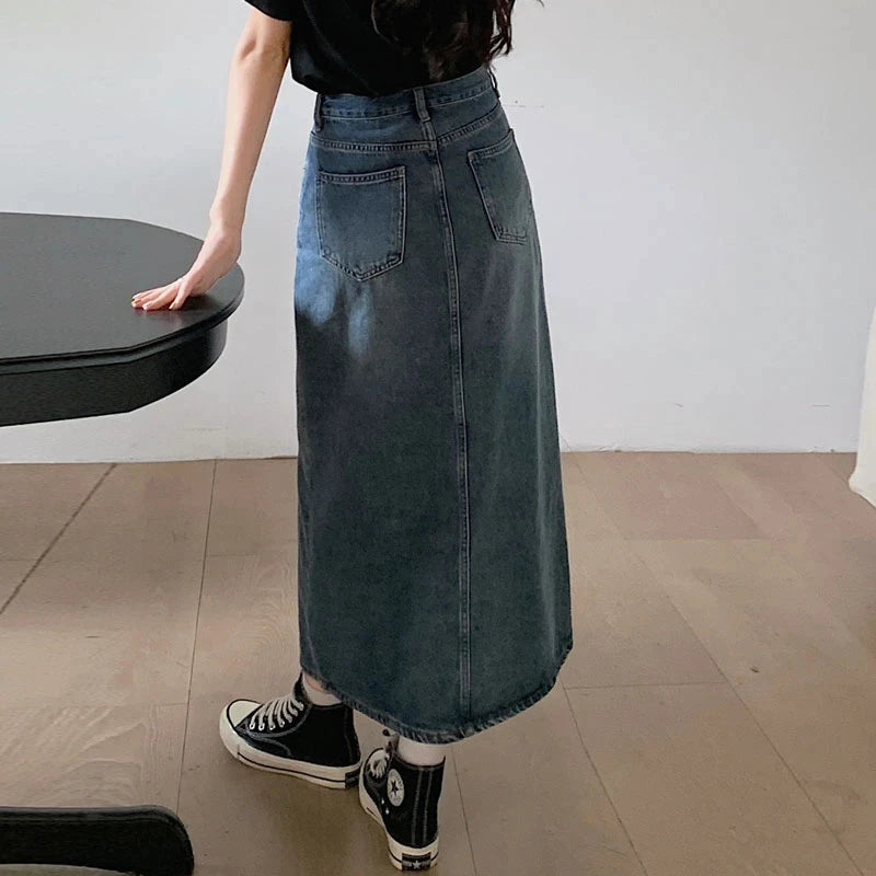 Women's Denim Wrap Skirts Retro High Waisted Split A-Line Denim Skirt Autumn Fashion Straight Skirt