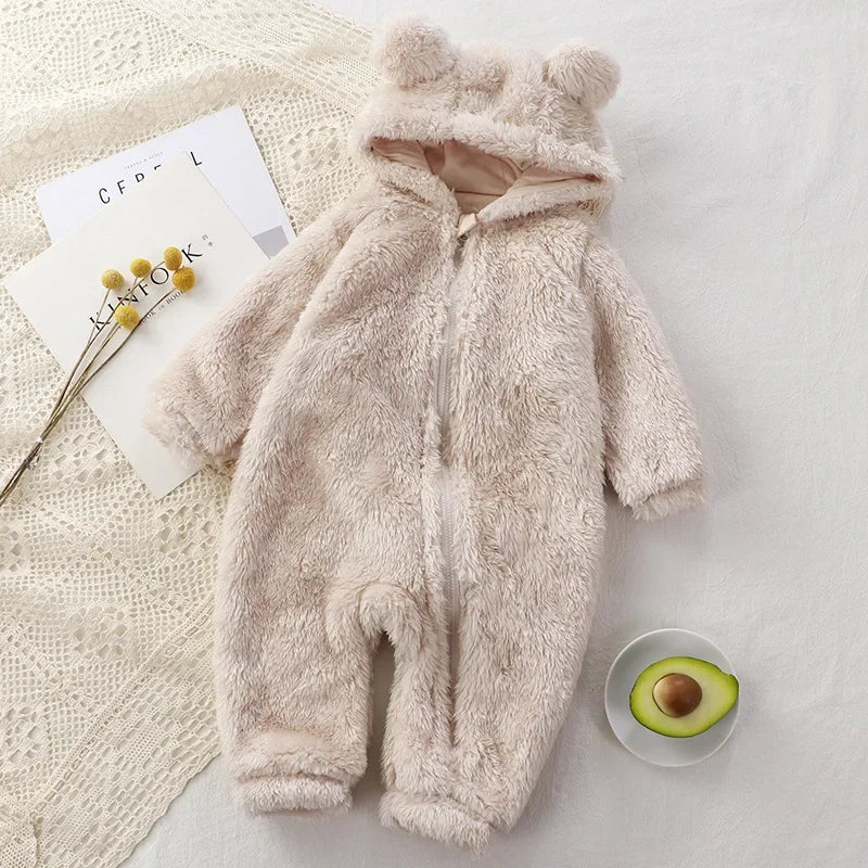 Thick Warm Baby Rompers Cute Winter Infant Jumpsuits Hooded Coral Fleece Bear Shape Newborn Soft Pajamas Overalls Clothing infants boys