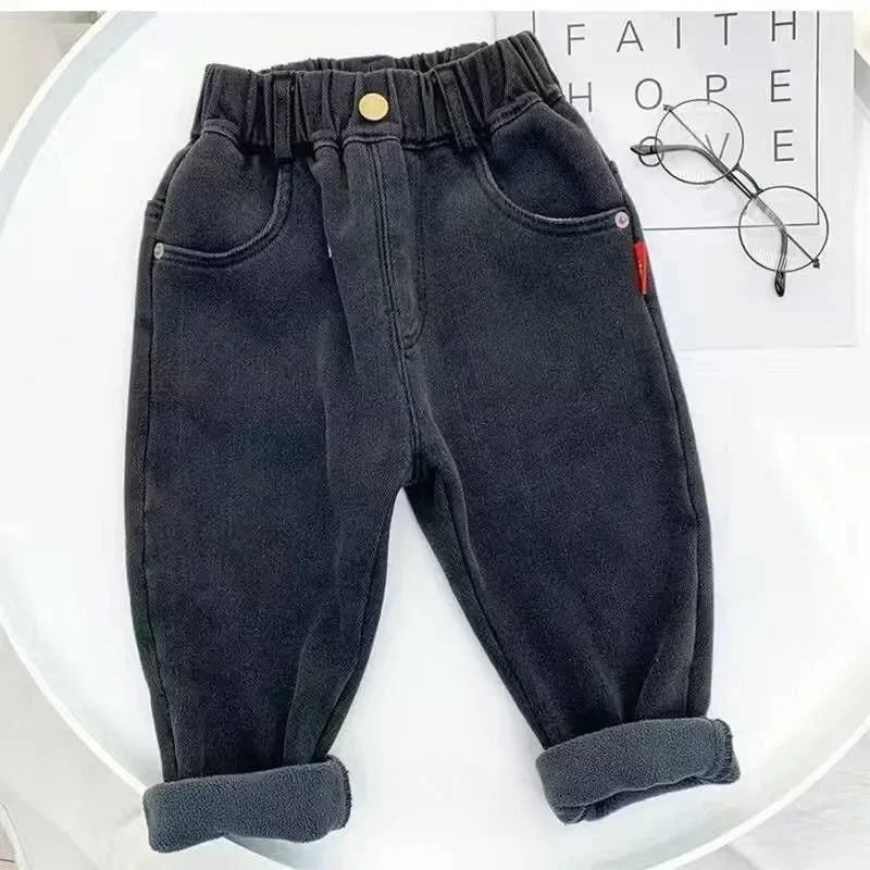 1-7 Yrs Boys Unisex Plus Fleece Winter Pants for Kids Baby Thickening Warm Soft for Girl Children Stretch Fleece Jeans Pants  bottom boys