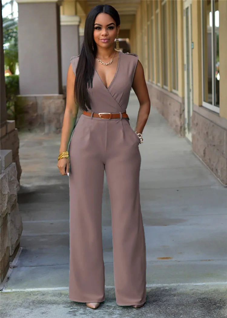 New summer new high-waisted solid color casual women's European and American V-neck sleeveless sexy Slim jumpsuit