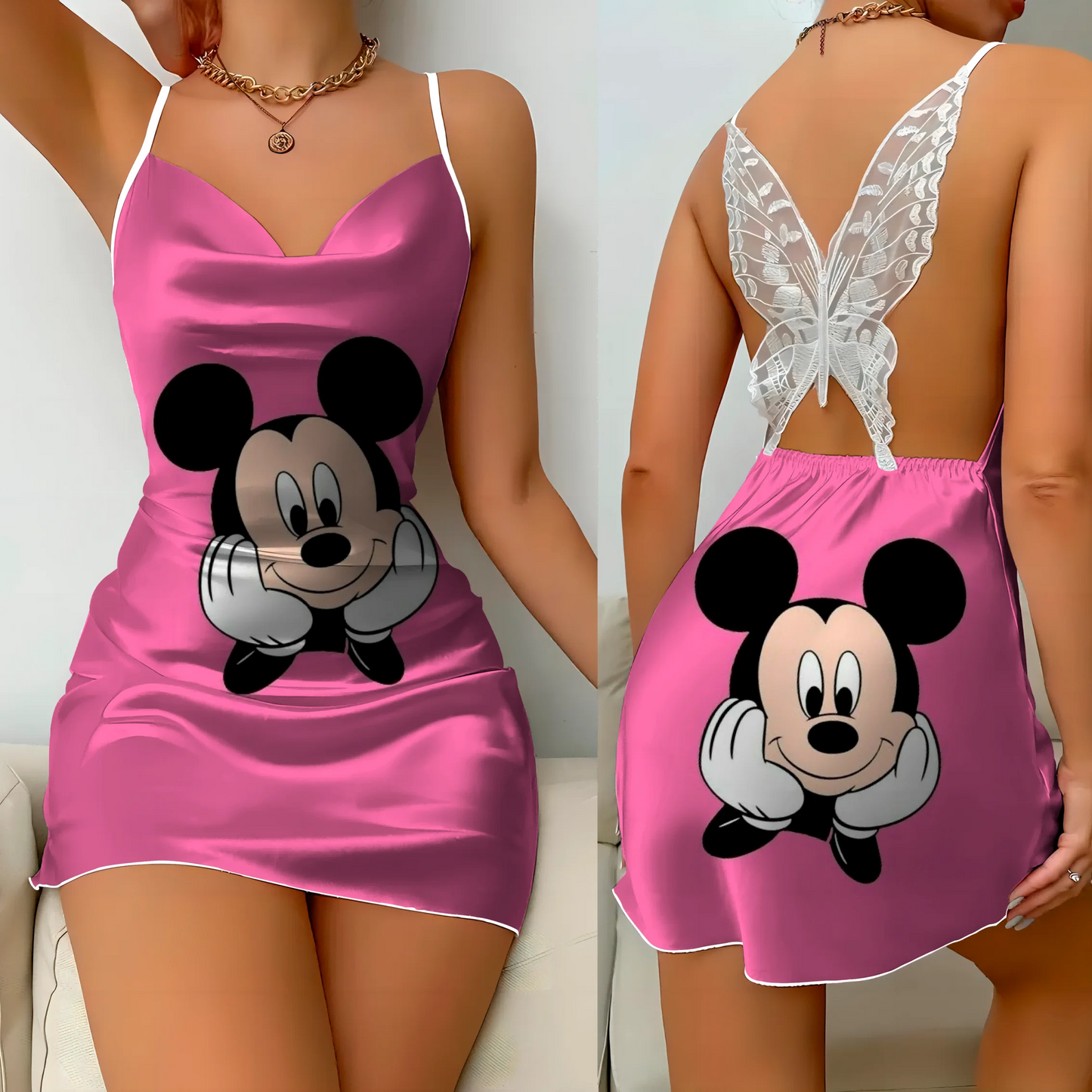 Mini Dress Pajama Skirt Bow Knot Party Dresses Satin Surface Minnie Mouse Disney Mickey Womens Fashion party dress