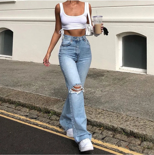 New High Waist Ripped Boot Cut Jeans For Women Fashion Stretch Knee Ripped Denim Flared Pants Casual Female Trousers