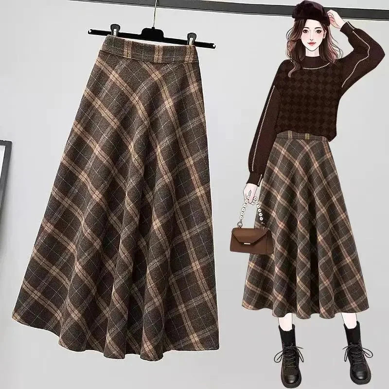 Autumn Winter Woolen Skirt Thick High Waist Long Skirt Woman A Line Pleated Plaid Skirt