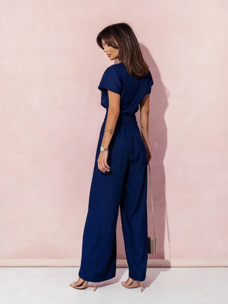 Women's Spring&Summer S-2XL size Women's Fashion V-neck Short Sleeve Jumpsuit Ladies Casual Belt Solid Color Jumpsuit