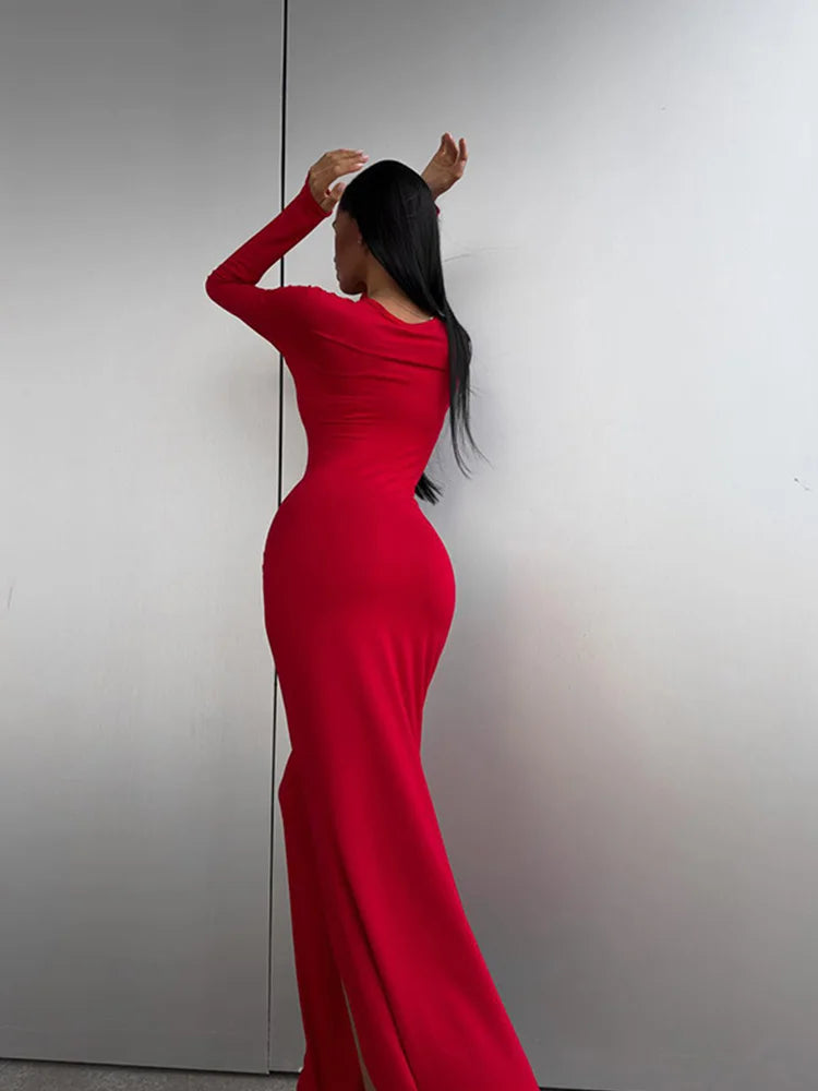 Party Dresses For Women Fashion Sexy Solid Full Sleeves O-Neck Split Bodycon Sheath Long Vestidos Robes Female Elegant Regular