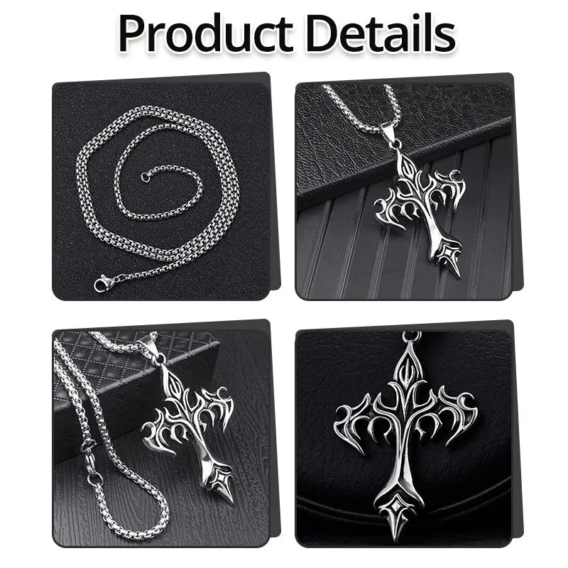 Hip Hop Fashion Jewelry Unique Design Stainless Steel Flame Cross Pendant Necklace Goth Necklaces Gift for Women Men  necklace