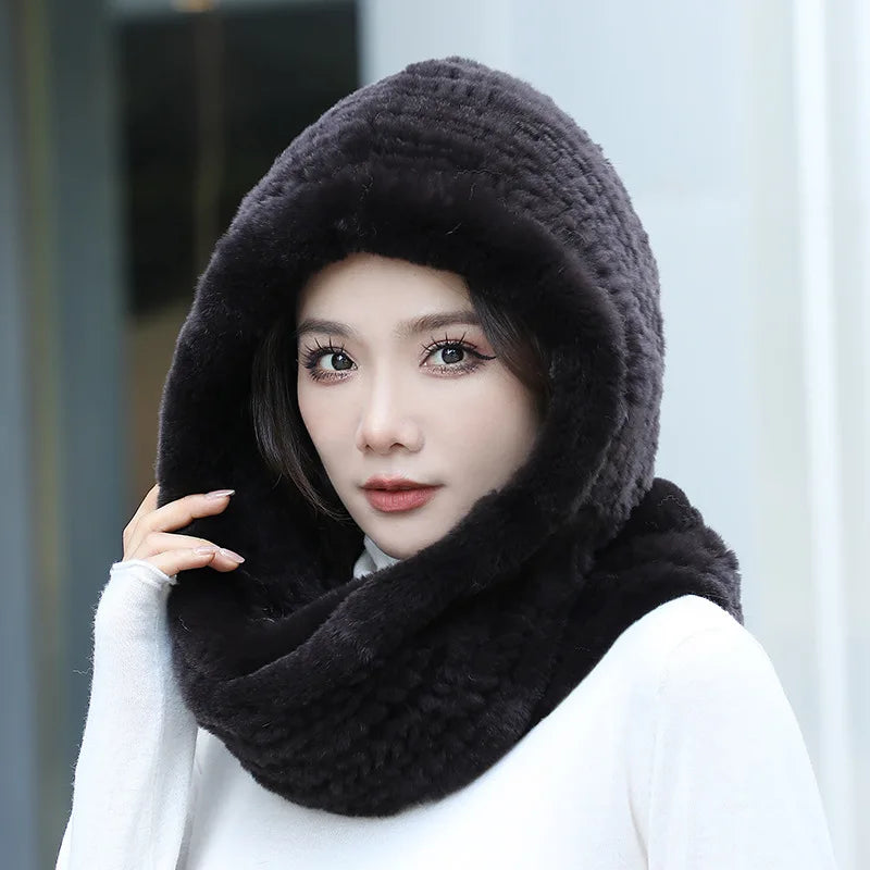 Hot Sale New Women Real Knitted Rex Rabbit Fur Hat Hooded Scarf Long Winter Warm Fur Hat With Neck Collar Scarves Hat Scarf scarf and shawl