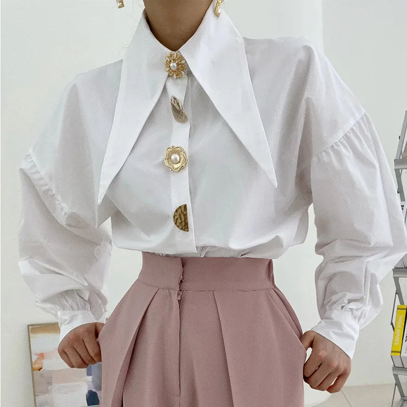 Chic Pointed Neck Single Pearl Button White Shirt Lady Fashion Loose Puff Long Sleeve Blouse Casual Solid Tops for Women