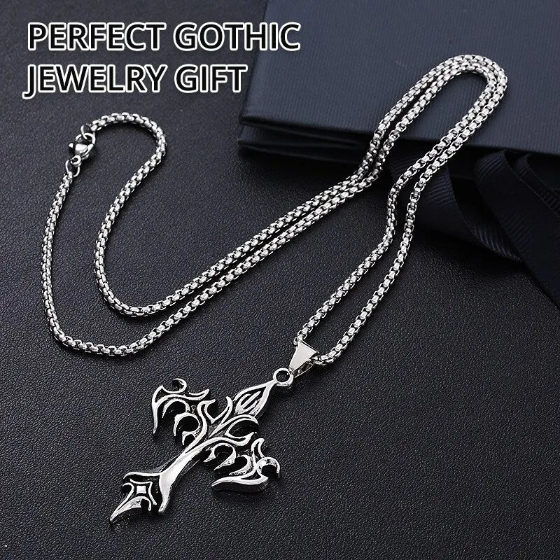 Hip Hop Fashion Jewelry Unique Design Stainless Steel Flame Cross Pendant Necklace Goth Necklaces Gift for Women Men  necklace