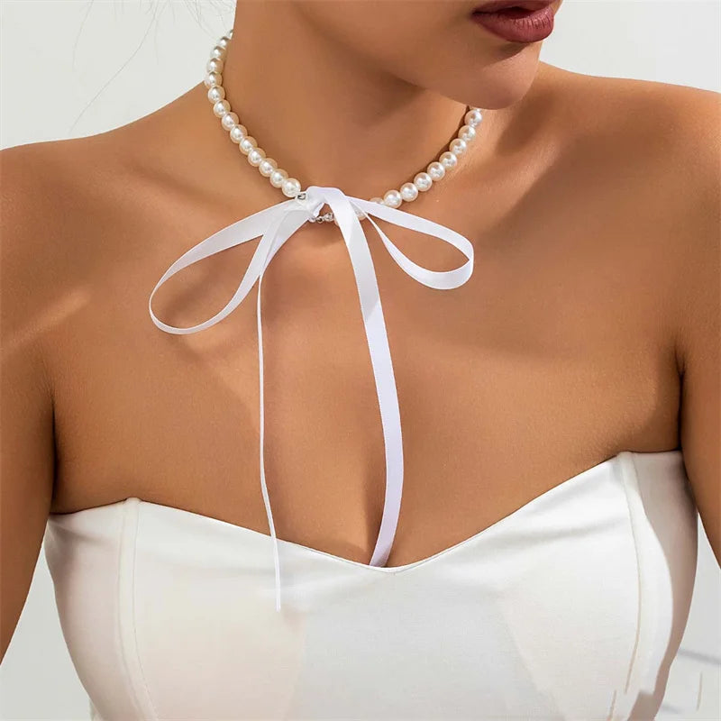 Imitation Pearl Beaded Choker Fashion Black Velvet Adjustable Bow Necklace Banquet Wedding Jewelry  necklace