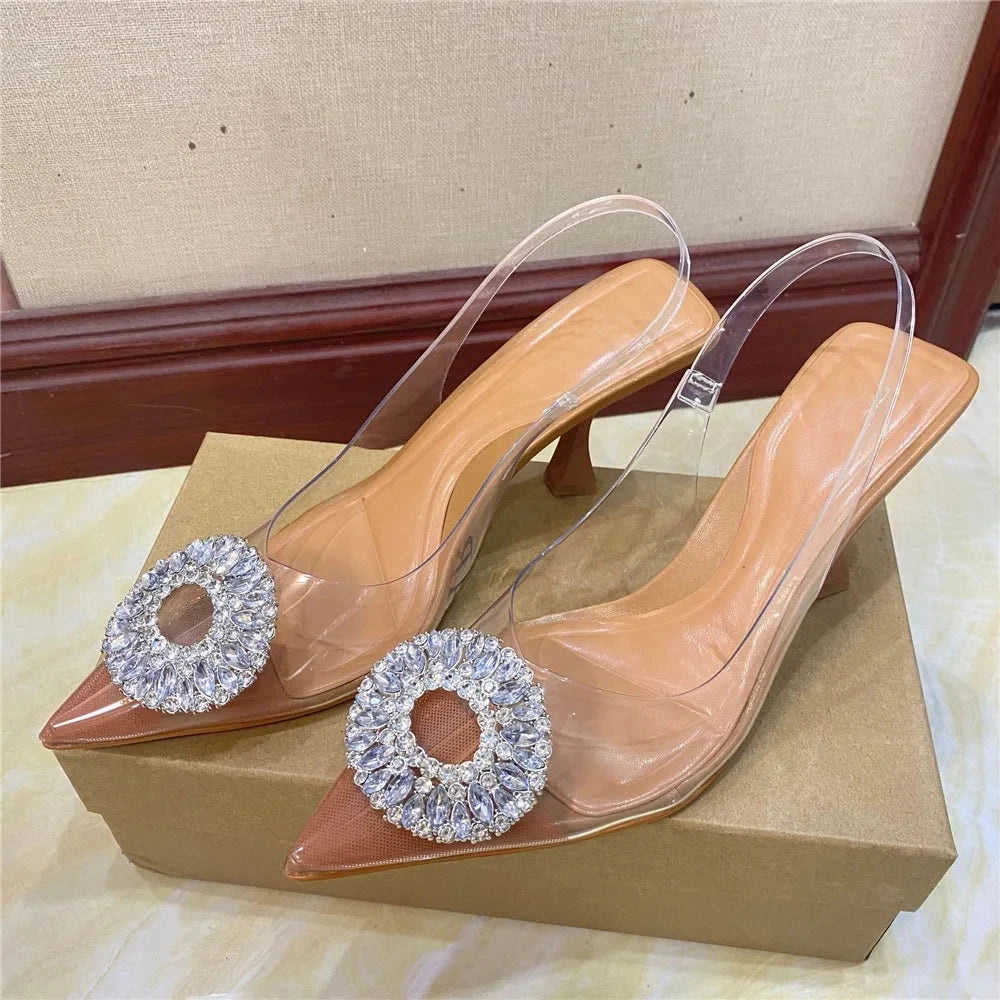 Luxury Brand Women High Heels Rhinestone Fashion Sandals 2023 Summer Transparent Shoes Ladies Pumps Slingbacks Plus Size 42