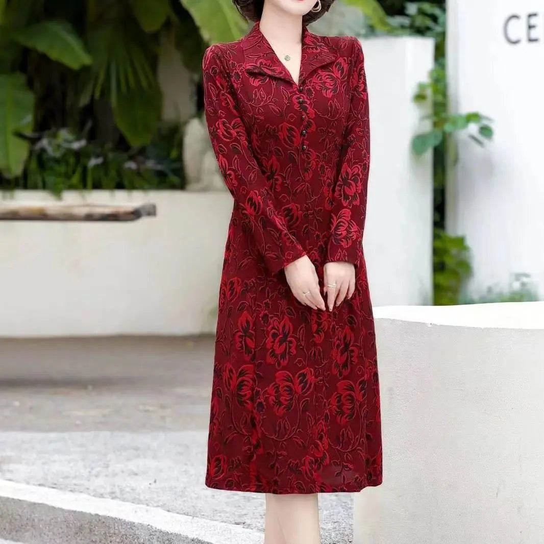 New Pullover V-neck Printing Button Fashion Slim Fit Noble Western Long Sleeved Qipao long  Dress