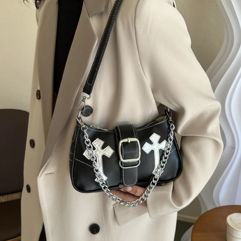 Cool Chain Y2k Girls Underarm Bags Simple Pu Leather Women's Small Shoulder Bag Fashion Retro Female Clutch Handbags Purse bags