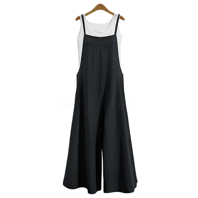 Women Casual Wide-Legged Jumpsuit Cotton Linen Breathable Sleeveless One-Piece Loose Long Jumpsuit