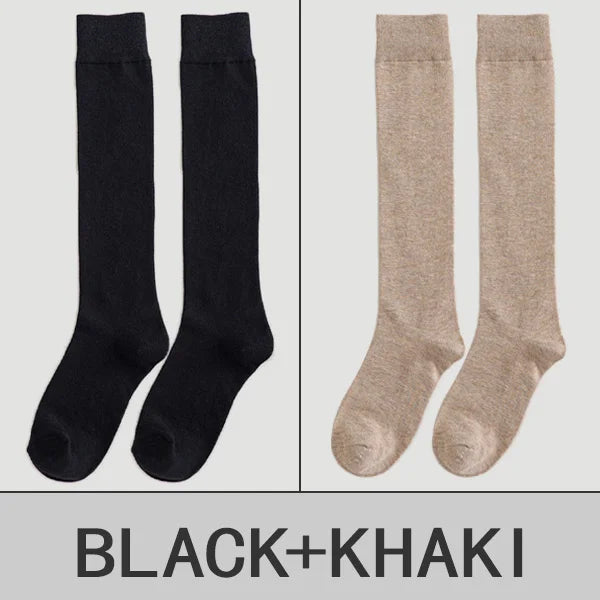 2 Pairs Women Cotton Knee High Socks Black White Solid color Fashion Casual Calf Sock Female Girl Party Dancing Sexy Long Socks