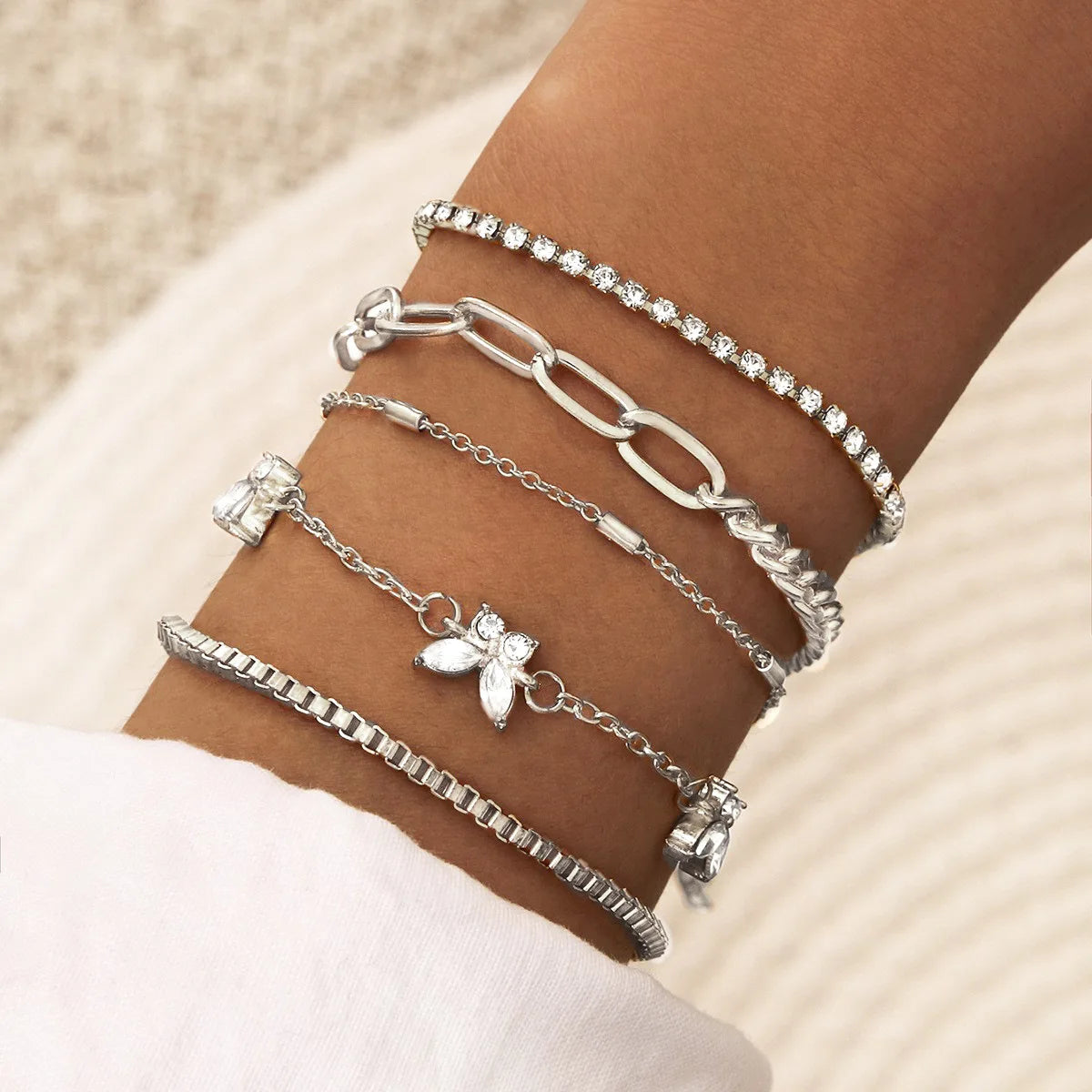 Bohemian Silver Color Geometric Link Chain Bracelet Set For Women Crystal Leaf Open Cuff Bangle Female Boho Jewelry Accessory bracelete