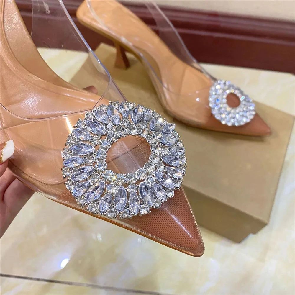 Luxury Brand Women High Heels Rhinestone Fashion Sandals 2023 Summer Transparent Shoes Ladies Pumps Slingbacks Plus Size 42