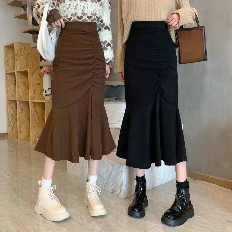 High Waist Midi Skirts for Women  Spring Slim Fit  Hip Mermaid Skirt Woman Korean Ruffles Brown Skirts