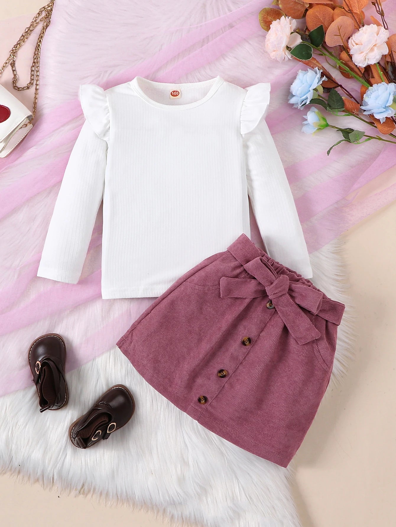 Two piece spring and autumn girl's white striped round neck long sleeved top+reddish brown fashionable casual skirt set