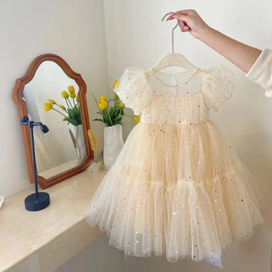 Summer Dresses Girls' Elegant Dress Girl Baby Bubble Sleeve Mesh Sequin Dress Temperament Princess Party Short Sleeve Dress girls dresses