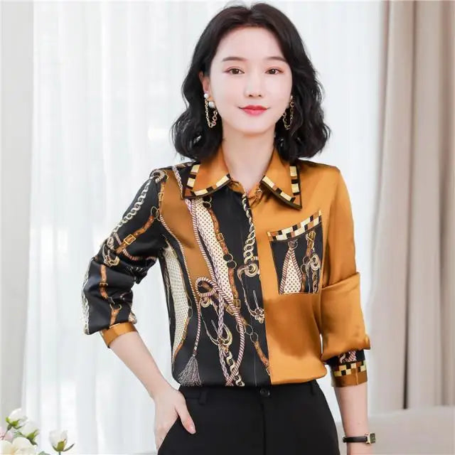 Printed Long Sleeve Chiffon Shirt for Women with a Small Design Sense and a Small High End Western Style