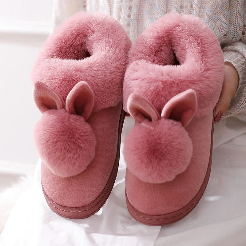 Winter Warm Home Fur Boots Womens Indoor Home Rabbit Shoe Furry Ears Footwear Indoor Bedroom Flat Heels Fluffy Ankle Boots