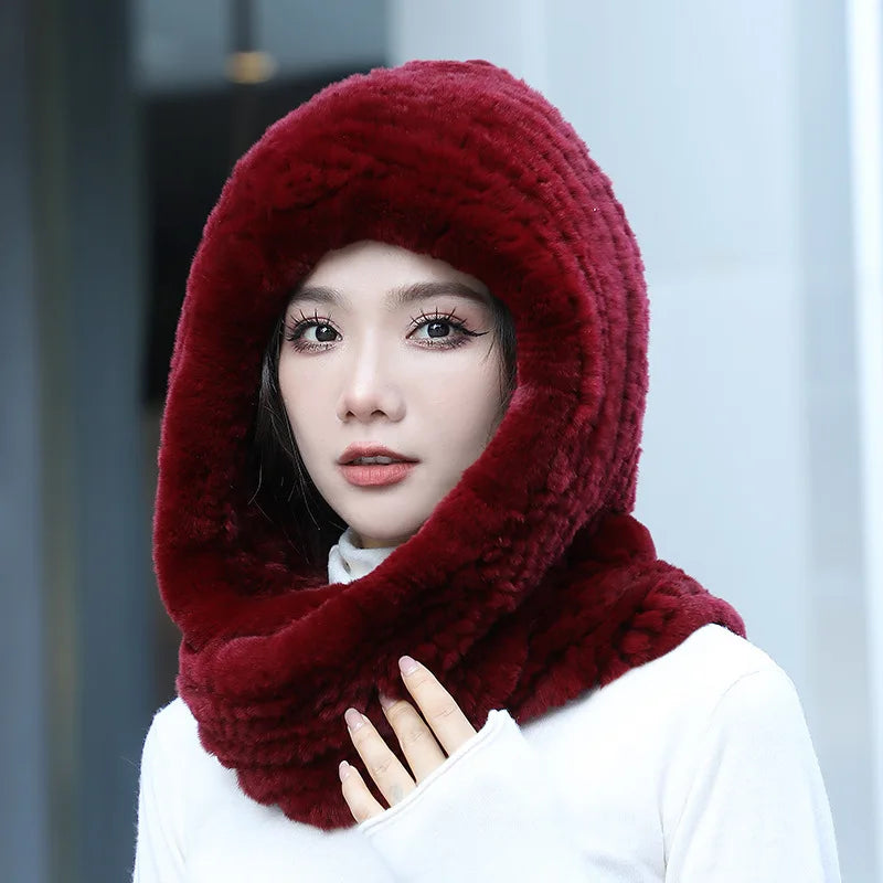 Hot Sale New Women Real Knitted Rex Rabbit Fur Hat Hooded Scarf Long Winter Warm Fur Hat With Neck Collar Scarves Hat Scarf scarf and shawl