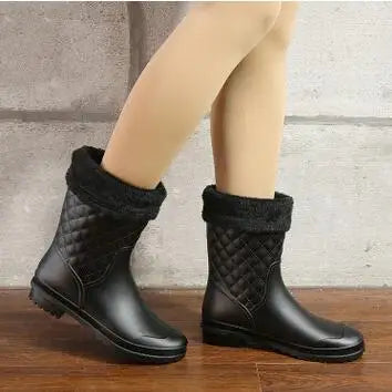 Rain Boots ladies Rubber Warm Shoes New Plaid Casual Rain Boot Water Shoes