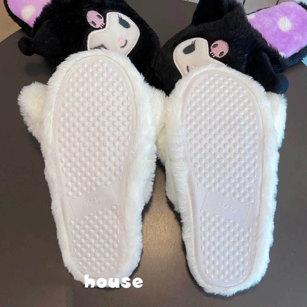 Kuromi My Melody Sanrio Cartoon Plush Slippers Floor Slippers Warm Winter Indoor Slippers Flat Casual Non-slip Girl Home Shoes