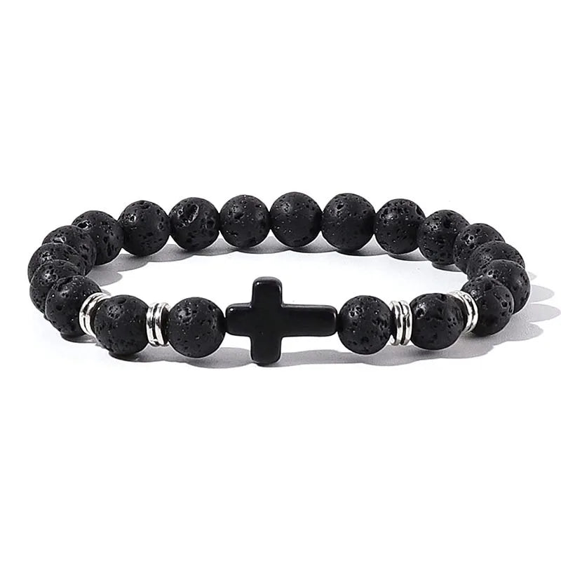 Prayer Men Natural Stone Wood Beads Rosary Hematite Cross Bracelets Onyx Meditation Bracelet Women Yoga Jewelry Homme Pulsera bracelete