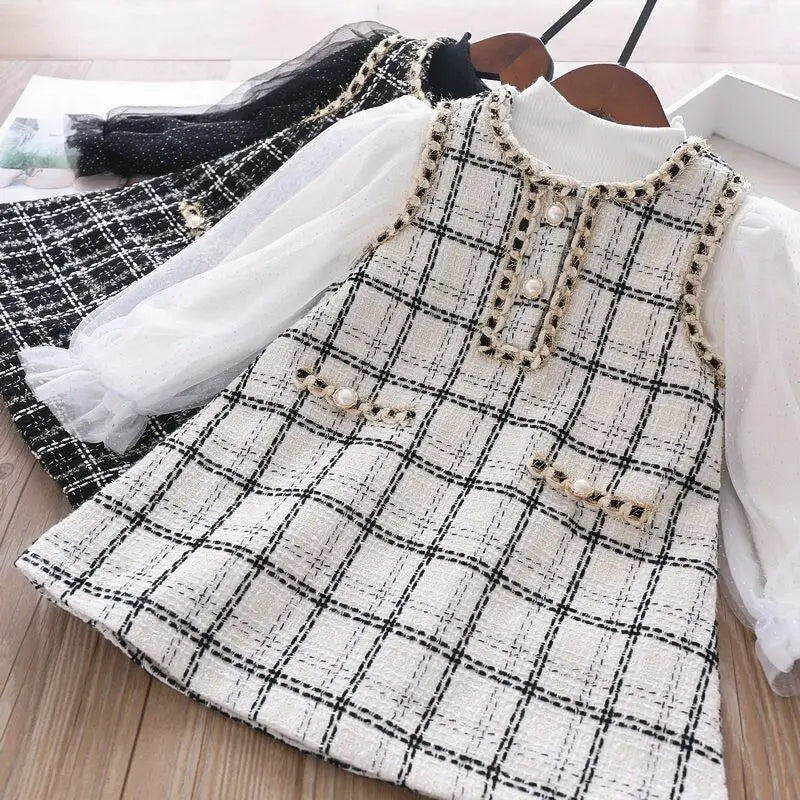 New Girls' Two-piece One-piece Dress for Girls, Little Fragrance, Western Style, Plaid Dress for Spring and Autumn girls dresses