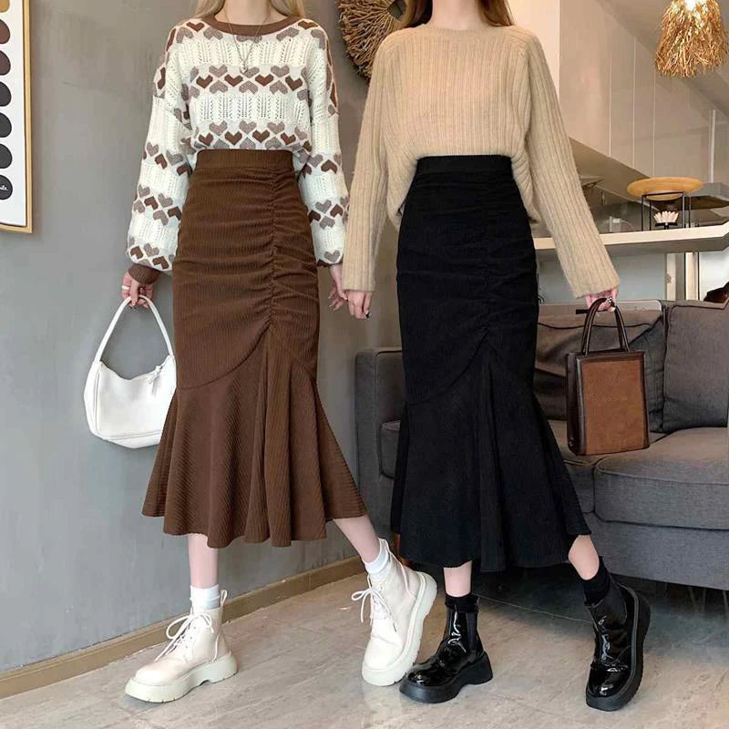 High Waist Midi Skirts for Women  Spring Slim Fit  Hip Mermaid Skirt Woman Korean Ruffles Brown Skirts