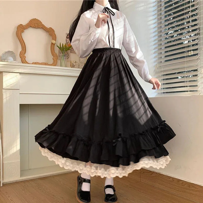 Japanese ruffles pleated skirt woman sweet high waist loose Ankle-length skirts women college style black patchwork A-line skirt