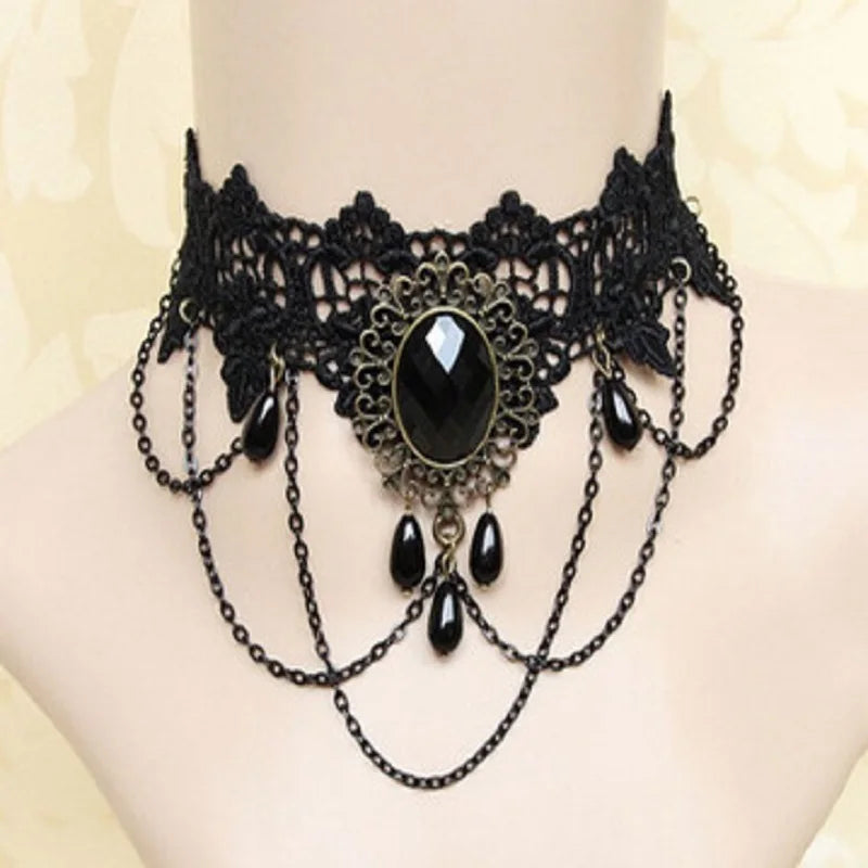 Gothic Victorian Black Lace Necklace Women Girl Boho Crystal Tassel Sexy Lace Choker Dark Loli Style Jewelry  necklace