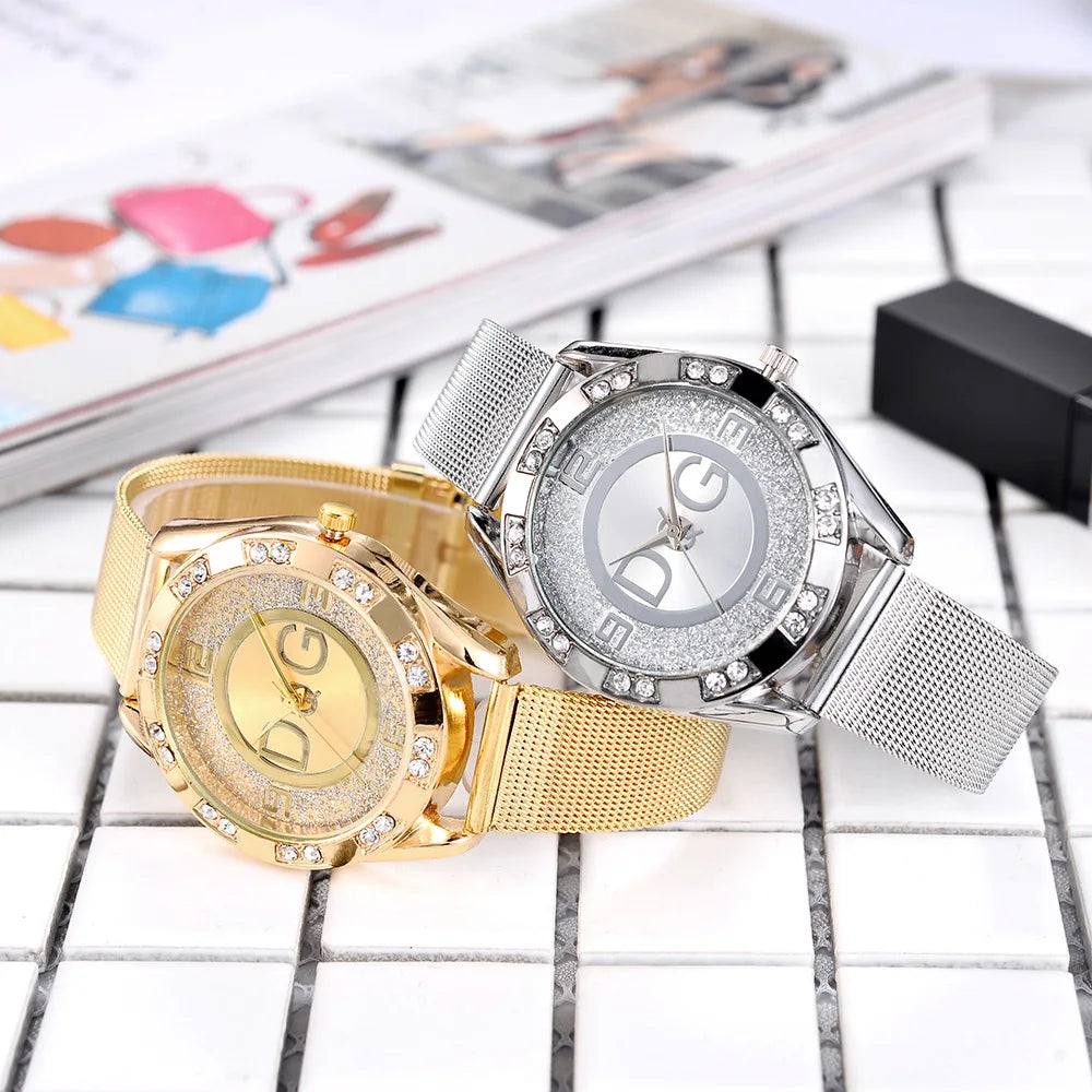 Fashion Luxury Watch DQG Crystal Quartz Female Watch Gold Silver Stainless Steel Ladies Dress Watch  Zegarek Damski watch