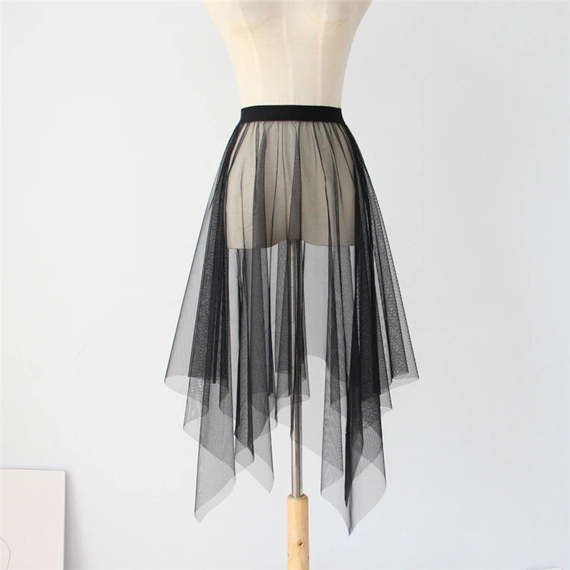 Black White Long Tulle Lace Mesh Skirt Women Petticoat Underskirt Summer Korean Irregular Cover Up Skirt Tutu Skirt