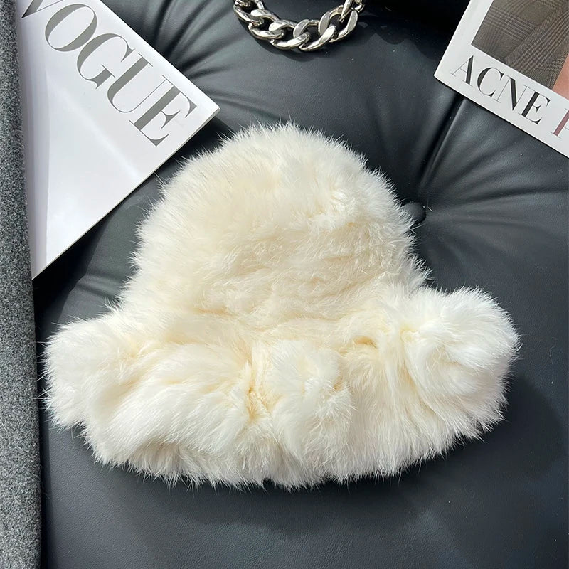 New Real Rabbit Fur Fisherman's Hat For Women Winter Warm Rabbit Fur Caps Soft Natural Rabbit Fur Hats Female Fashion Fur Cap