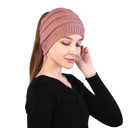 New Women Autumn Winter Ponytail Beanie Hat Solid Color Lady Stretch Knitted Crochet Beanies Hat Cap For Women caps